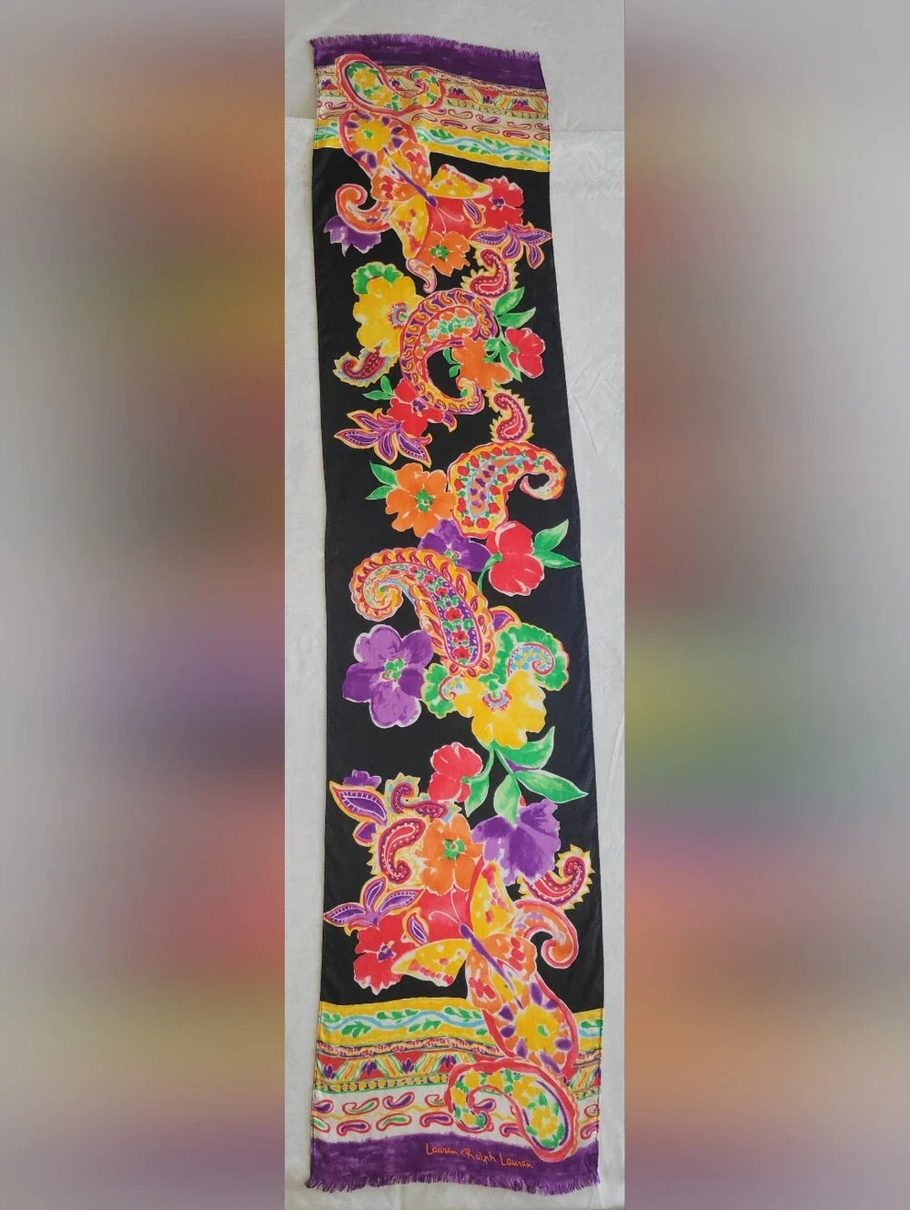 Ralph Lauren Black Scarf with Purple, Yellow, Green & Red Floral Print